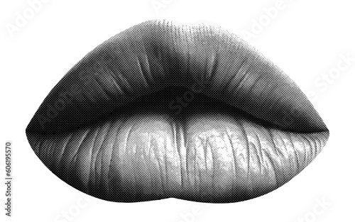 mouth with lips emotion upset tips lowered isolated in retro halftone collage element for mixed media design vintage dotted pop art style grunge punk crazy