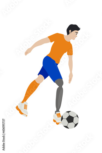 Cartoon Man with Prosthetic Leg Football Ball. Player with Prosthesis, Match. Disabled Handicapped Sport Training. Disabled Soccer player illustration. Football player kick and dribble.