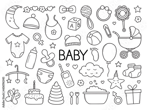 Baby and newborn doodle set.  Baby elements: toys, rattle, milk bottle, pacifier, clothes, ball in sketch style. Hand drawn vector illustration isolated on white background