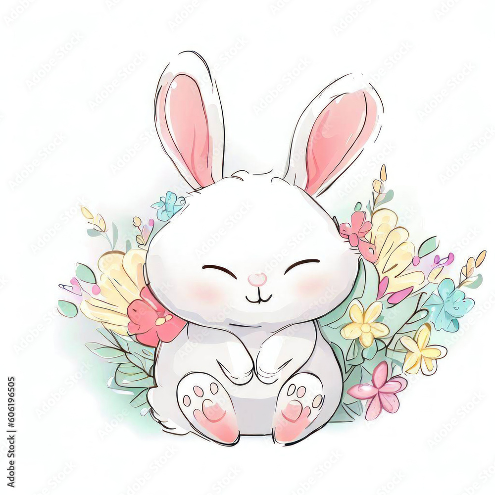 Cute Bunny Watercolor Scene with a Touch of Whimsy, Generative AI Cute Bunny Watercolor Scene with a Touch of Whimsy, Generative AI