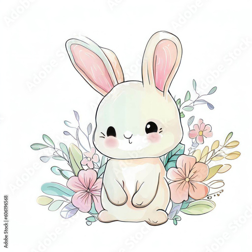 Cute Bunny Watercolor Portrait, Generative AI