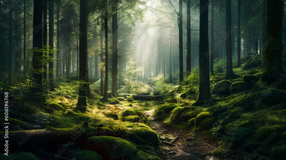 Forest with trees and light shining through Forest with trees and light shining through