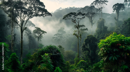 Rainforest landscape with trees and fog - theme conservation, climate change and renewable energy. Generative AI © Aram