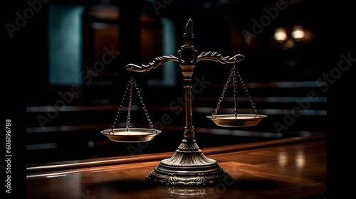 Scales of Justice in the dark Court Hall. Law concept of Judiciary, Jurisprudence and Justice. copy space. Generative AI