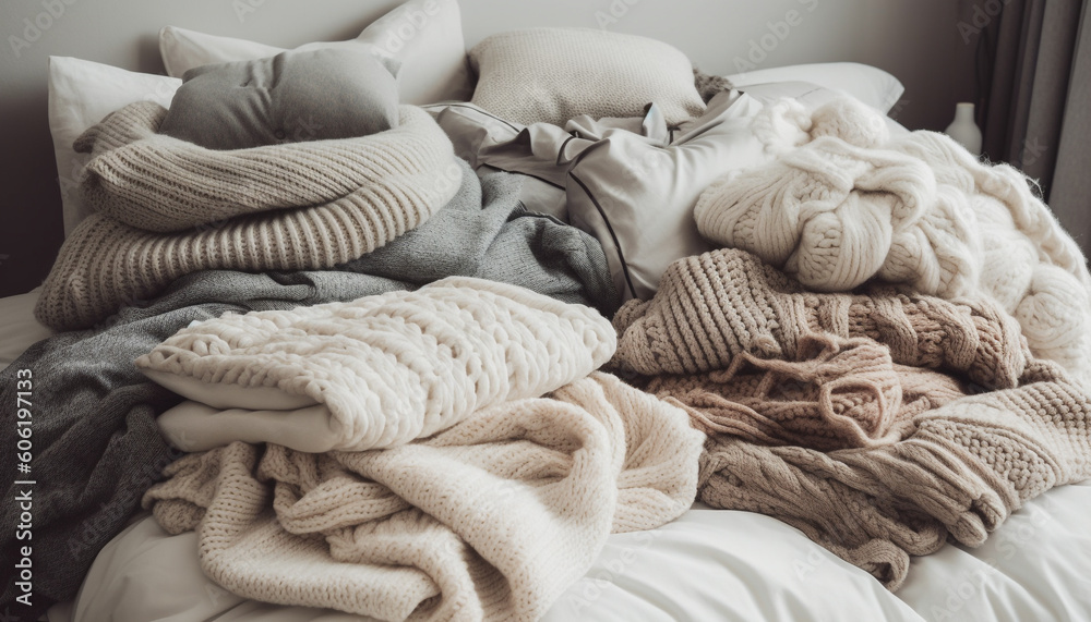 Cozy woolen bedding stack for winter warmth generated by AI Cozy woolen bedding stack for winter warmth generated by AI