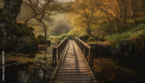 Tranquil autumn forest  footpath leads to bridge generated by AI