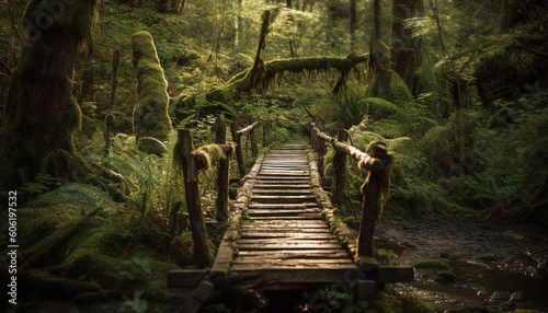 Tranquil footpath winds through mysterious tropical rainforest generated by AI