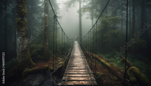 Tranquil footbridge vanishing into foggy forest mystery generated by AI