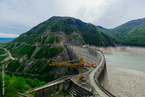 Dam of Enguri hydroelectric power plant in Georgia, aerial view