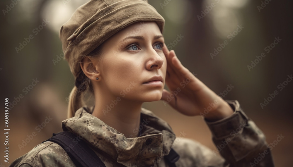 Young woman in camouflage, looking at camera generated by AI Young woman in camouflage, looking at camera generated by AI