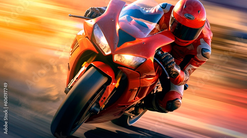 Superbike motorcycle on the race track, dynamic concept art illustration, high speed. Generative AI