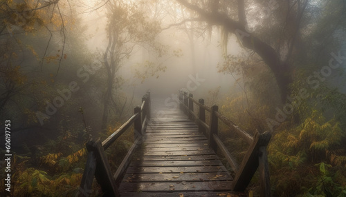 Mysterious fog shrouds tranquil forest in autumn generated by AI