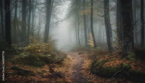 Mysterious autumn forest  foggy footpath  spooky beauty generated by AI