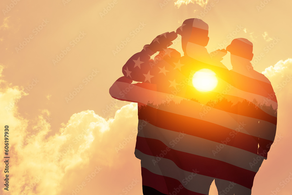 Fototapeta premium Silhouettes of soldiers with print of sunset and USA flag saluting on a background of light sky. Greeting card for Veterans Day, Memorial Day, Independence Day. America celebration.