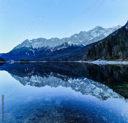 The view over the Eibsee in front of the Zugspitze in Bavaria  Germany.