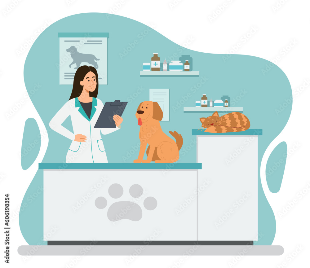 Veterinarian with dog. Woman in medical gown examines pet, makes
