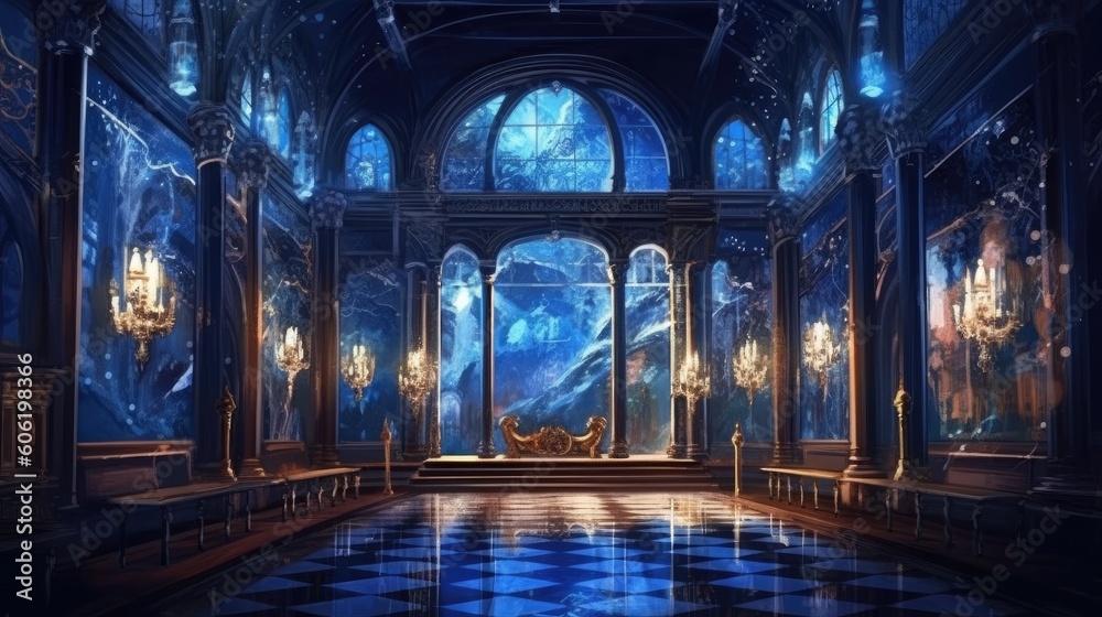 a castle inside an art museum with pillars and crystal chandeliers, in the style of nightcore Generative Ai