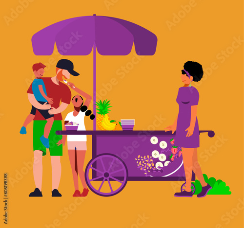 Celebrating Diversity in Everyday Life - Family Delights: Parents and Mixed-Race Children Enjoying Ice Cream from a Food Cart