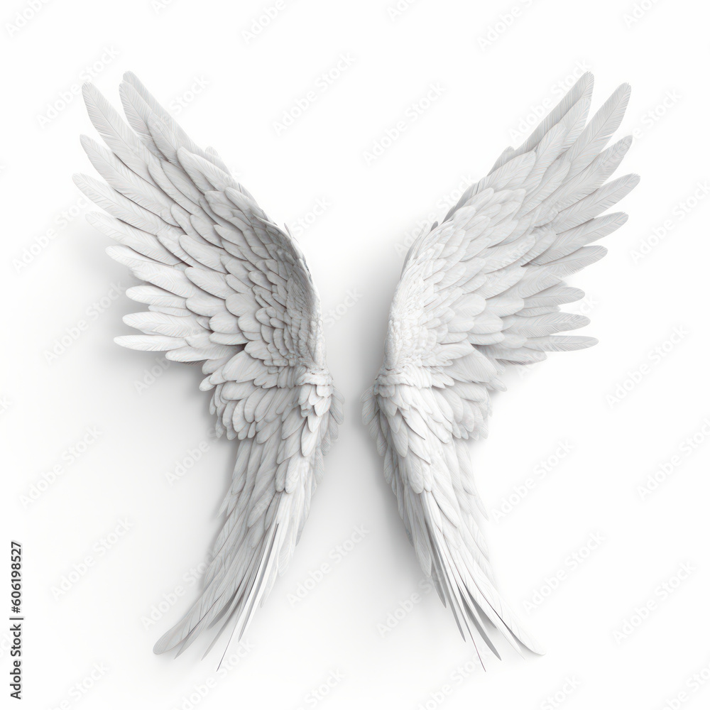 Fototapeta premium Feathered wings of an angel isolated on white background, a symbol of hope and light. AI Generative