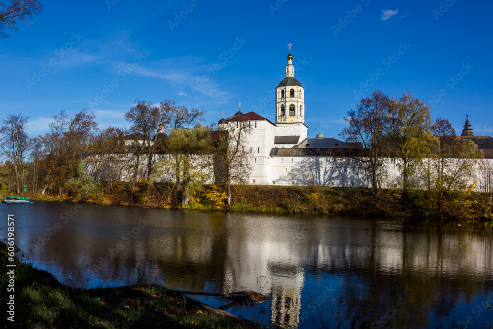 View from the reservoir on the walls of the ancient Pafnutyevo-Borovsky monastery. Borovsk, Russia