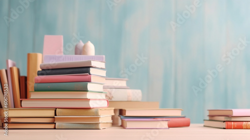 Many books on a wooden table with copy space. Back to school concept