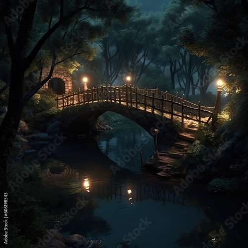 a bridge over a creek in the woods, in the style of darkly detailed, dreamy and romantic Generative Ai