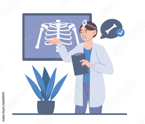 Doctor looks at xray. Man in medical coat checks patient for tuberculosis. Health care and radiological examinations. Lungs and respiratory and radiography. Cartoon flat vector illustration