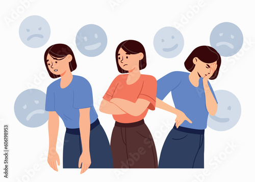 Emotional woman concept. Young girl with different moods. Upset, pensive and dissappointed character. Facial expresssions and emotions, feelings. Cartoon flat vector illustration
