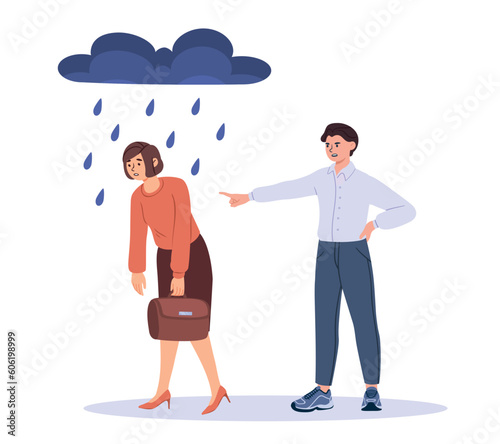 Firing from job. Man points his finger at woman in rain. Dismissed employee. Crisis, unemployment and layoffs. Failure and jobless young girl. Economical stress. Cartoon flat vector illustration