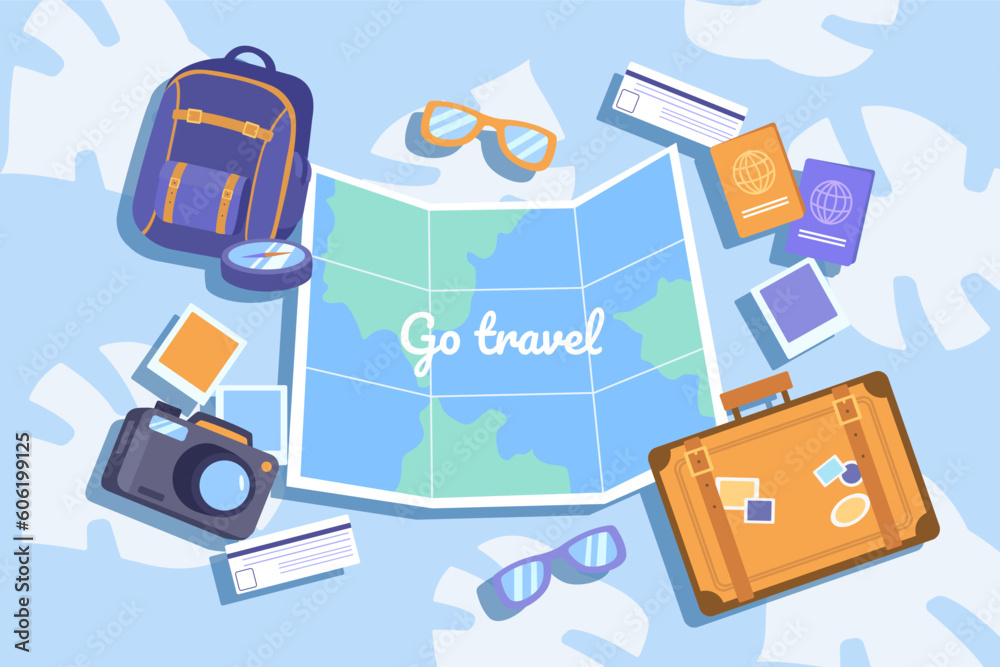 Go travel object. Map, backpack, sunglasses and suitcase. Tourism and travel, trips. Holiday and vacation. Camera and luggage. Summer season concept. Cartoon flat vector illustration