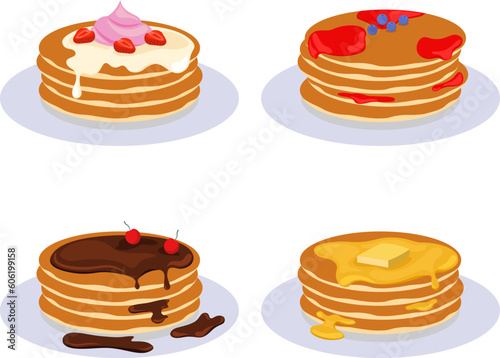 Pancakes For Breakfast. Tasty Food Collection With Chocolate, Berries. Vector Flat Illustration