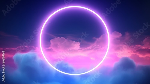 Abstract ring illuminated by neon light on a colorful background with clouds. Generative AI