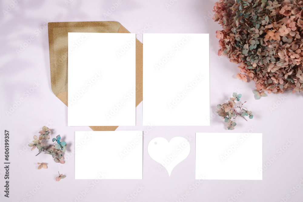 5x7 cards and enclosure rsvp and details half cards mockup. Boho lilac theme wedding stationery suite flatlay with shadow photography. 5x7 cards and enclosure rsvp and details half cards mockup. Boho lilac theme wedding stationery suite flatlay with shadow photography.
