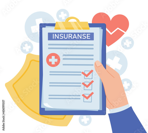 Insurance registration concept. Man in suit holding document. Health care and medication. Safety and protection. Fulfillment of medical orders. Cartoon flat vector illustration