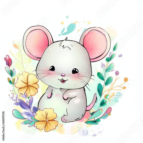 Watercolor Illustration Showcasing an Adorable Mouse, Generative AI