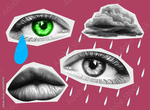 eyes mouth lips cloud collage elements for mixed media design in halftone texture vintage dotted rainy day set retro templates