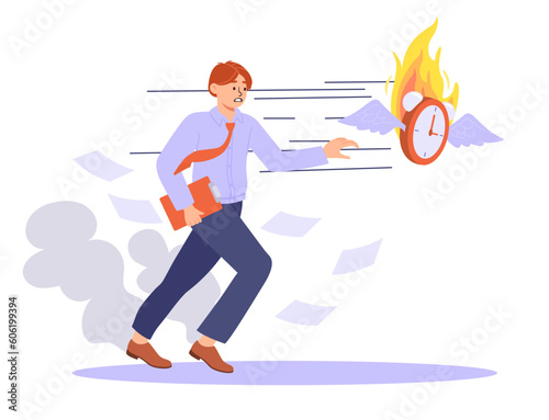 Man hurry concept. Young guy runs after burning clock. Deadline pressure and poor time management. Organization of inefficient workflow and overloaded employee. Cartoon flat vector illustration