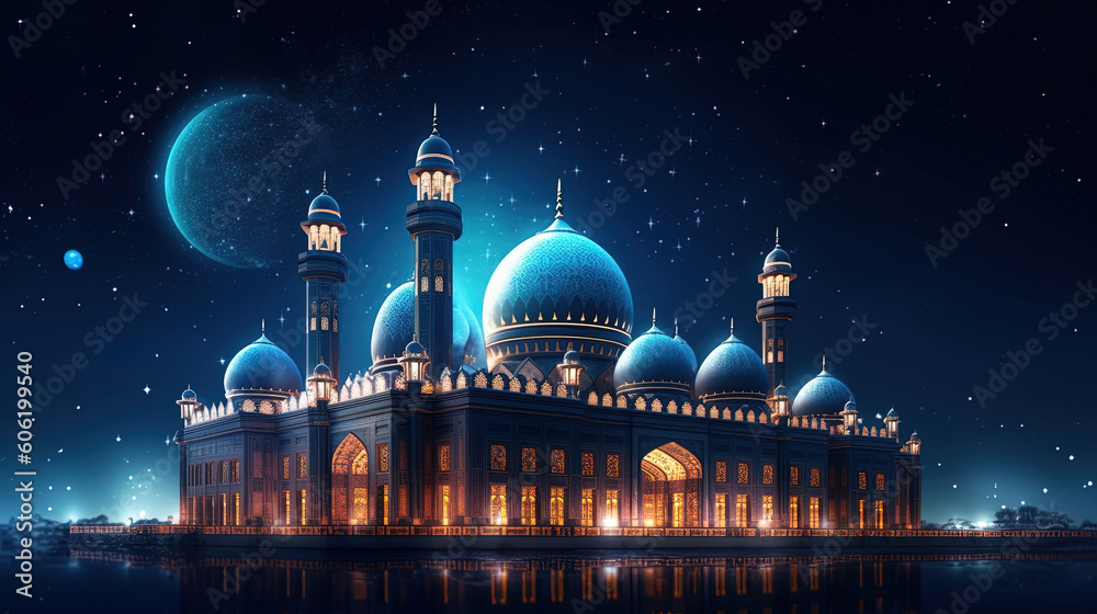 Mosque architecture building. Ramadan kareem illustration. The celebration of Eid Alfitr and Adha in Muslim.