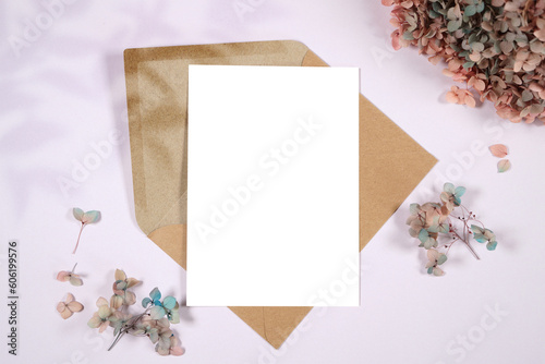 5x7 vertical greeting card, party invitation mockup. Boho lilac theme wedding stationery suite flatlay with shadow photography.