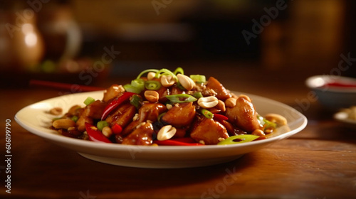 Hot and Spicy Kung Pao Chicken with Peanuts and Green Onions.