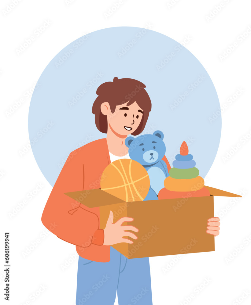 Man donate for kids. Young guy with box with toys, teddy bear, ball and pyramid. Volunteer and activist. Kindness, help and support. Cartoon flat vector collection isolated on white background