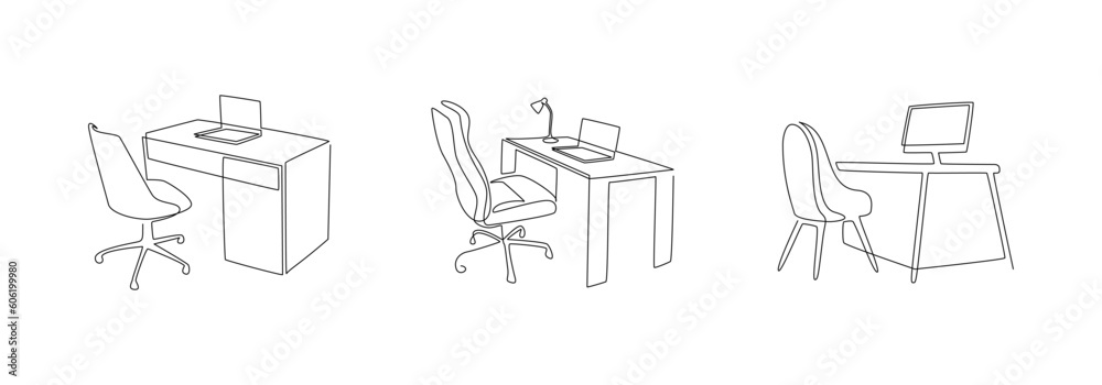Set of home office interiors in one continuous line drawing. Modern ...