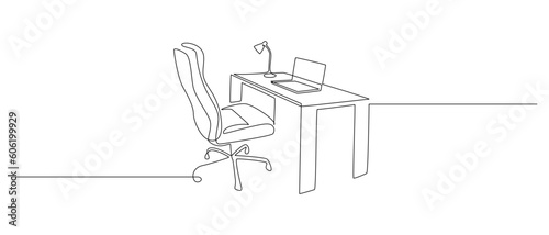 One continuous line drawing of home office interior. Modern work desk and chair with laptop in simple linear style. Remote distant work concept in editable stroke. Doodle vector illustration