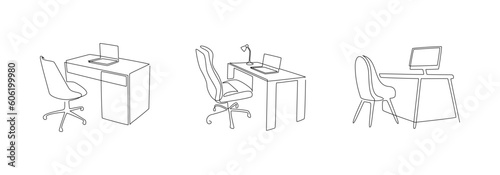 Set of home office interiors in one continuous line drawing. Modern work tables and chairs with computers in simple linear style. Remote work concept in editable stroke. Doodle vector illustration