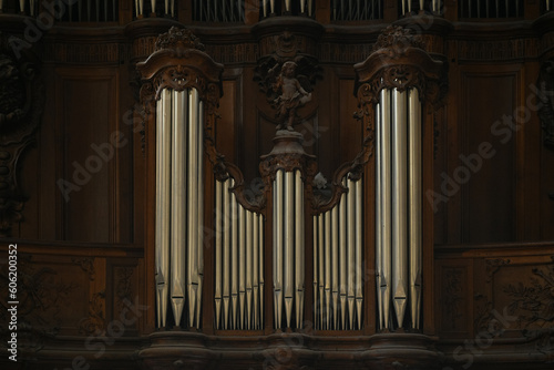 The organ in the church and the carved old wood around