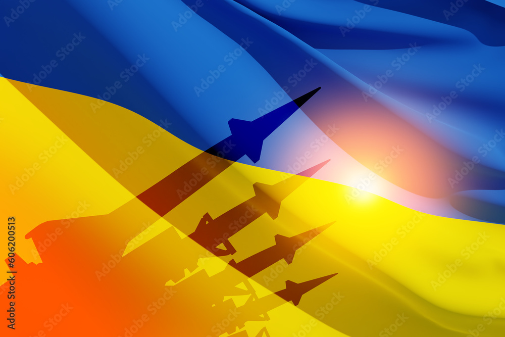 Fototapeta premium Silhouette of missiles on a background of the flag of Ukraine and the sun. Weapon concept.