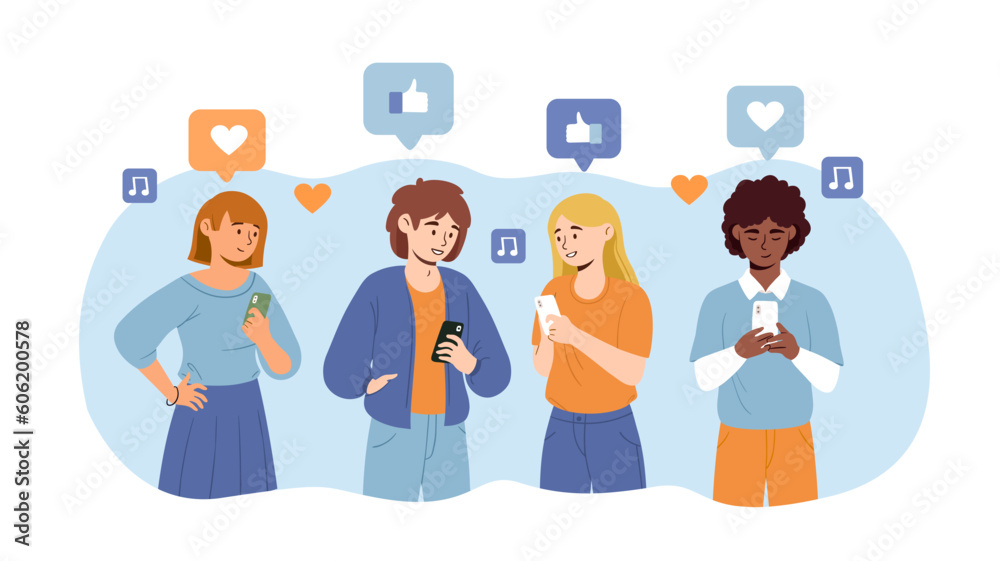 People with likes. Communication and interaction in social networks and messengers. Man and women with smartphones in hands leave reactions to posts and content. Cartoon flat vector illustration People with likes. Communication and interaction in social networks and messengers. Man and women with smartphones in hands leave reactions to posts and content. Cartoon flat vector illustration