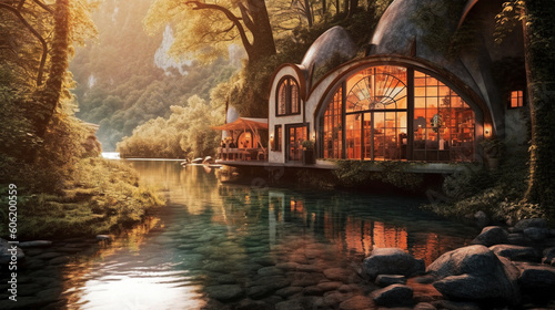 Exterior View of a Luxurious Organic-Shaped Hippie House Reflecting in the River - generative AI