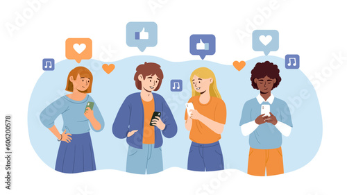 People with likes. Communication and interaction in social networks and messengers. Man and women with smartphones in hands leave reactions to posts and content. Cartoon flat vector illustration