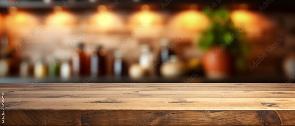 Wooden table in the kitchen with a blurred background. Generative AI